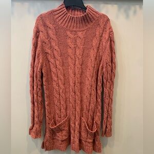 Denim & Co Cable Knit Sweater Tunic length with pockets-pink